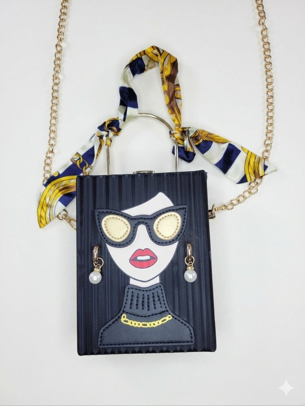 Novelty Fashion Face Box Clutch Purse Gold Chain Scarf Handle Black